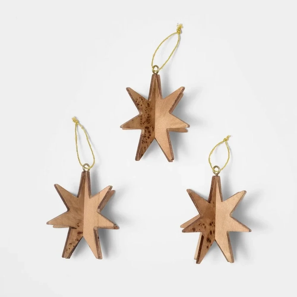 Set of 3‎ Burl Wood Star Christmas Ornaments Brown - Threshold Studio McGee